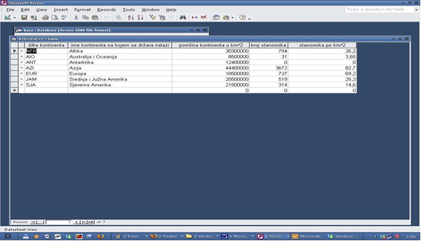Primjer tablice Kontinent u MS Accessu